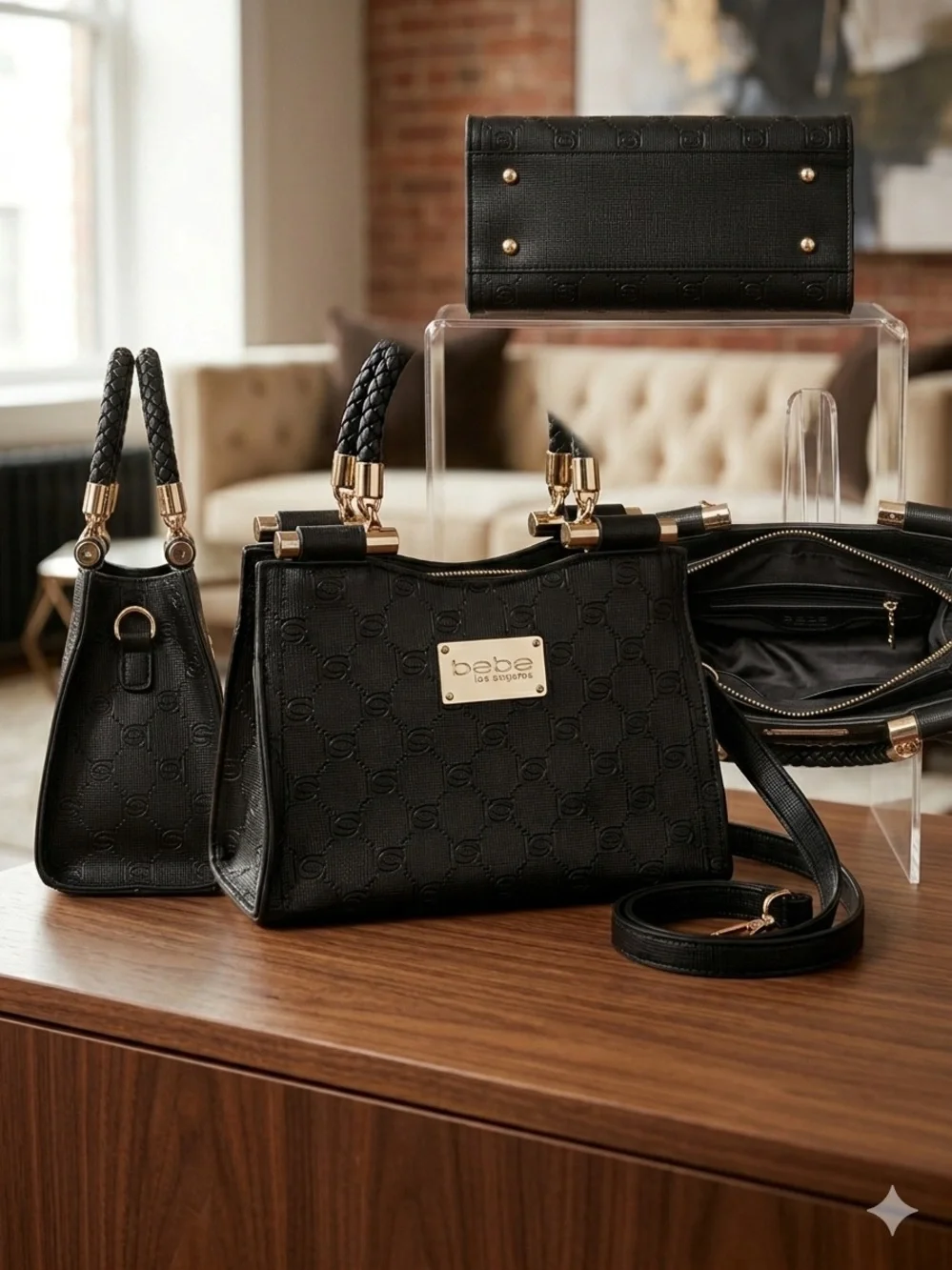 bebe Black Embossed Logo Satchel with Gold Plaque